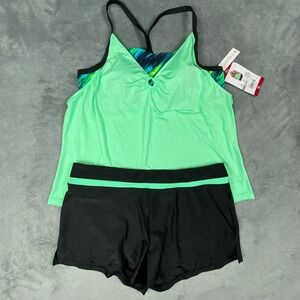 ZeroXposur Womens XL Tankini Swimsuit Set Green Black 2pc Swimwear Edamame